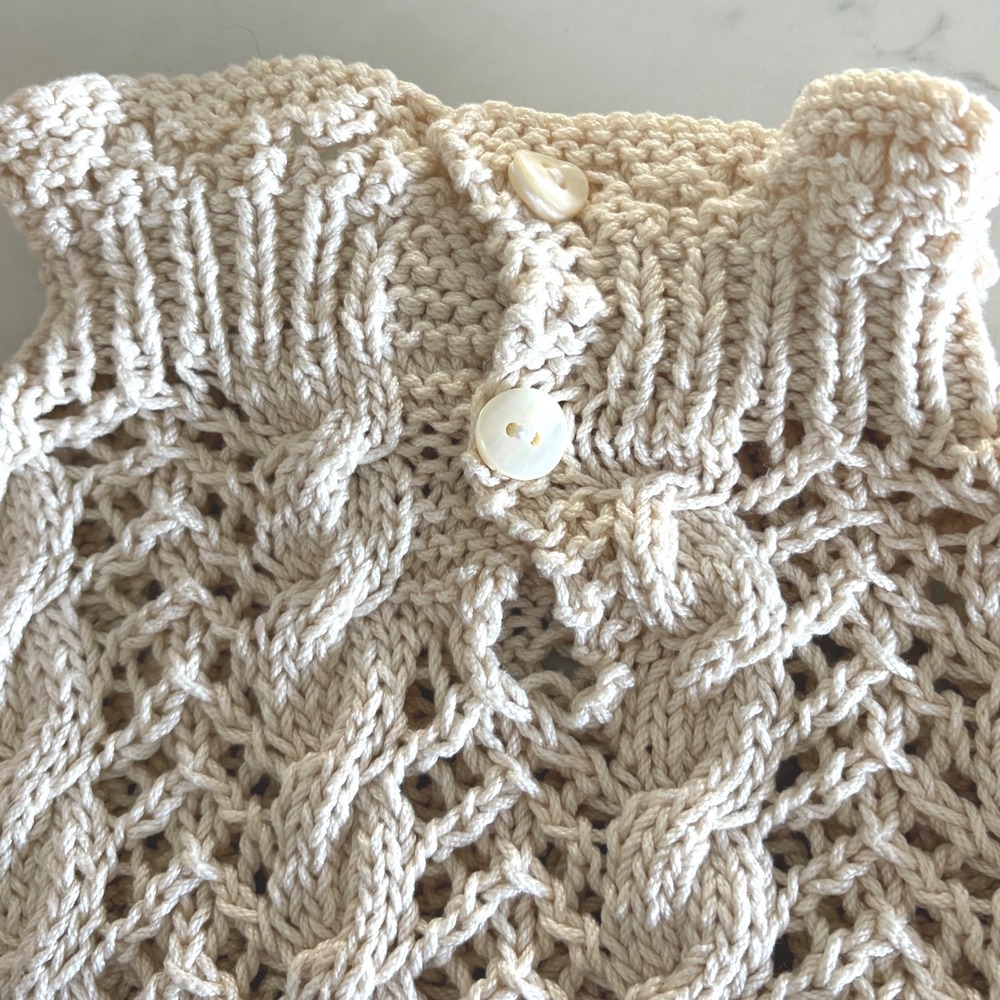 VTG Handmade Cream Cable Knit Ruffle Neck Sweater Pointelle Fisherman Regency S - Picture 4 of 6